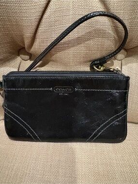 Coach Black Leather Wristlet Clutch with Top Zip